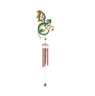 44" Long Green/Yellow Dragon Flip Wings Wind Chime with Copper Gem