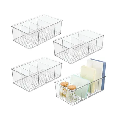 mDesign Plastic Divided Office Organizer Bin with 4 Sections - 4 Pack - Clear