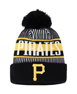 Big Boys and Girls New Era Black Pittsburgh Pirates Striped Cuffed Knit Hat with Pom