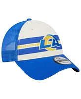 Men's New Era Cream, Royal Los Angeles Rams Team Stripe Trucker 9FORTY Snapback Hat