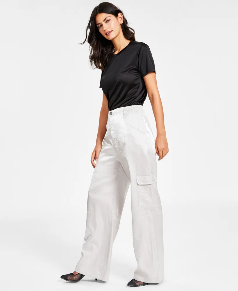 Bar Iii Women's Shine Wide-Leg Cargo Pants, Created for Macy's