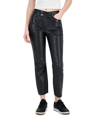 Tinseltown Juniors' Asymmetrical-Waist Faux Leather Ankle Jeans