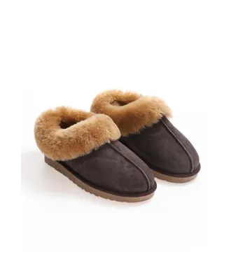 Furniq Uk Women's Sheepskin Slippers - Brown Suede with Ginger Wool