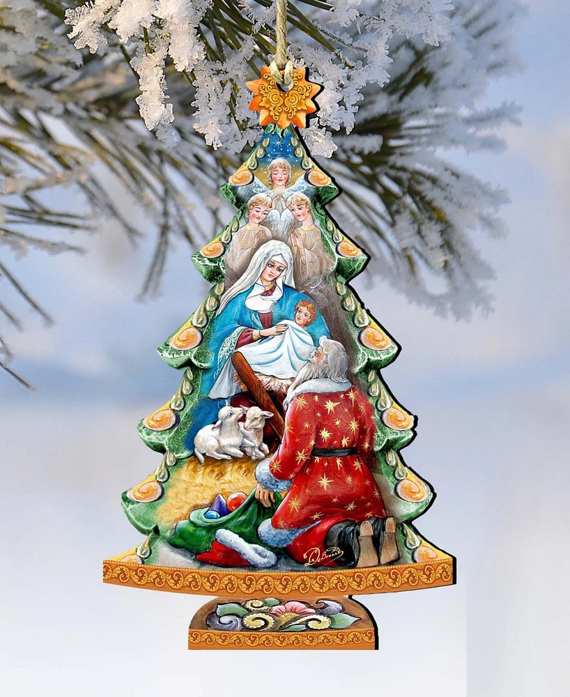 Designocracy Adoration Nativity Tree Christmas Wooden Ornaments Holiday Decor Set of 2 G. DeBrekht