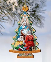 Designocracy Adoration Nativity Tree Christmas Wooden Ornaments Holiday Decor Set of 2 G. DeBrekht