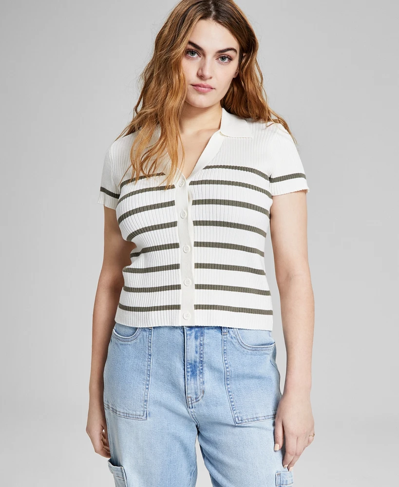 And Now This Women's Striped Ribbed Polo Short-Sleeve Sweater, Created for Macy's