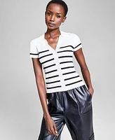 And Now This Women's Striped Ribbed Polo Short-Sleeve Sweater, Created for Macy's