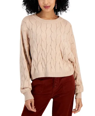 Pink Rose Juniors' Cable-Knit Cropped Crewneck Sweater