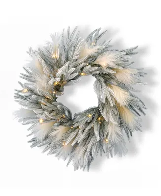 Seasonal Pine and Pampas 26" Pre-Lit Flocked Pe Wreath with 400 Tips,15 Pieces Pampas, 50 Led Lights with Battery Operated