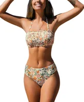 Women's Smocked Tie Back Bandeau Mid Rise Bikini Set