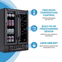 Newair 24" Wine and Beverage Refrigerator and Cooler, 18 Bottle and 60 Can Capacity, Built-in Dual Zone Fridge in Black Stainless Steel with French Do