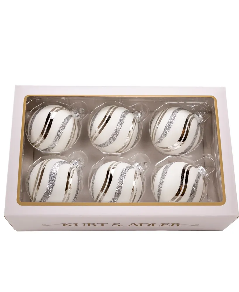 Kurt Adler 80mm Glass Glittered Swirl 6 Piece Ball Ornament Set