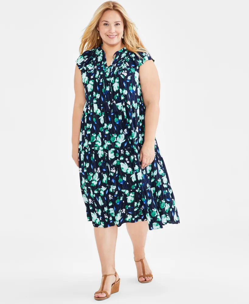 New PLUS SIZE Womens BLUE PINK FLORAL KNOT TIERED SLEEVELESS DRESS 1X 2X 3X  USA