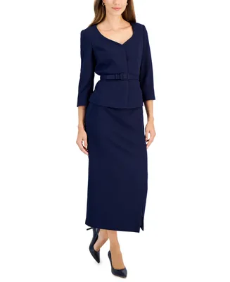 Le Suit Women's 3/4-Sleeve Belted Jacket & Midi Skirt