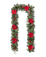 Glitzhome 9' Pre-Lit Greenery Pine Poinsettia and Red Berries Christmas Garl and, with 70 Warm White Lights and Timer