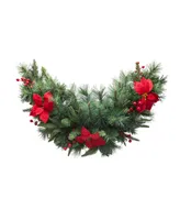 Glitzhome 3' Pre-Lit Greenery Pine Poinsettia and Red Berries Christmas Swag with 50 Warm White Lights and Timer