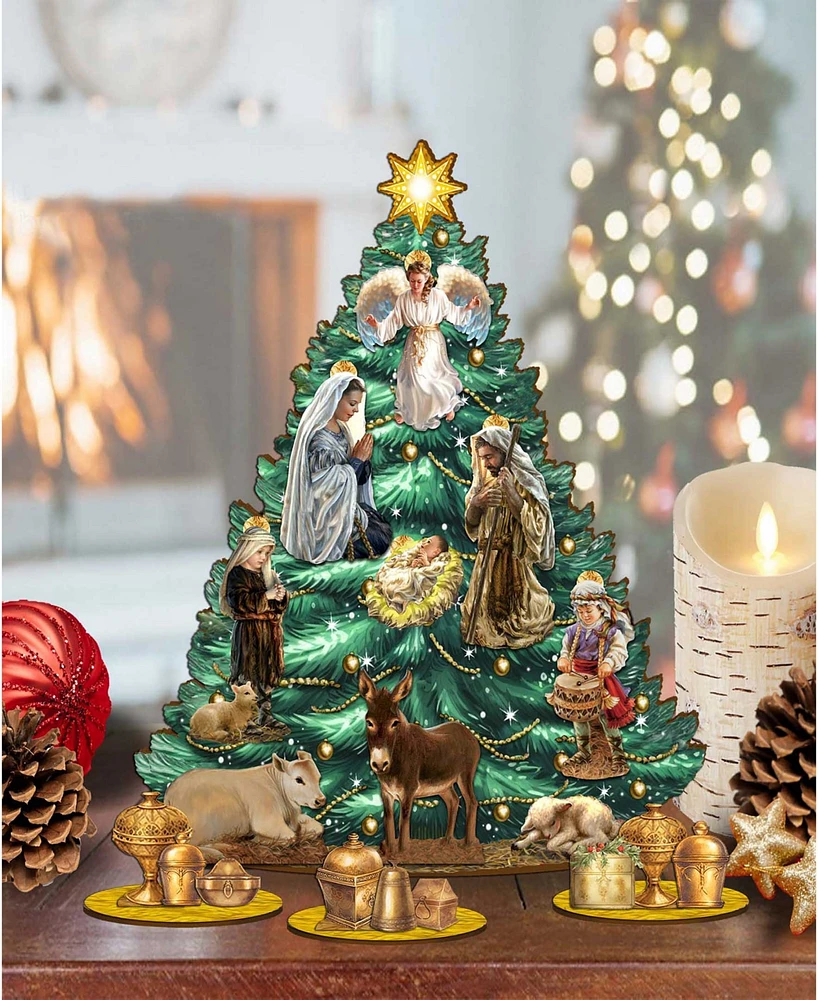 Designocracy Nativity Themed Wooden Christmas Tree with Ornaments Set of 13 G. DeBrekht