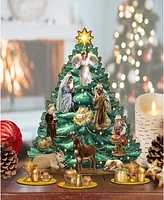 Designocracy Nativity Themed Wooden Christmas Tree with Ornaments Set of 13 G. DeBrekht