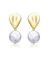 Genevive Sterling Silver 14k Yellow Gold Plated with White Coin Freshwater Pearl Raindrop Double Dangle Drop Earrings