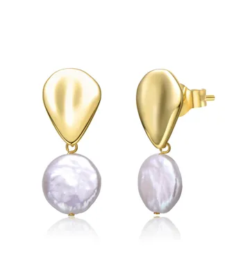 Genevive Sterling Silver 14k Yellow Gold Plated with White Coin Freshwater Pearl Raindrop Double Dangle Drop Earrings