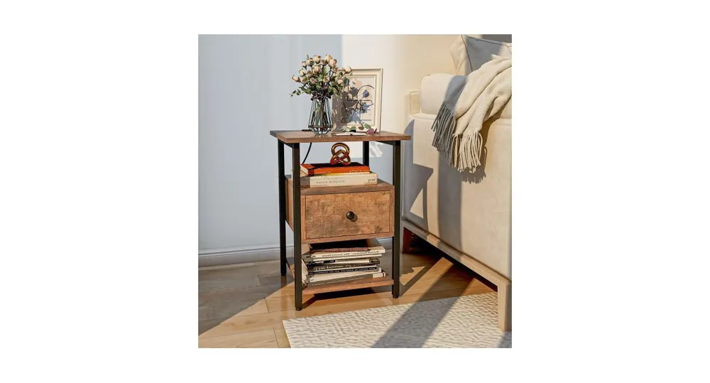3-Tier Nightstand with Charging Station and Drawer