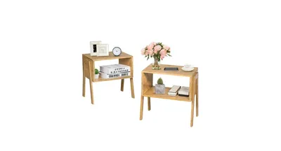 2 Pieces Bamboo Nightstand Sofa Table with Storage Shelf