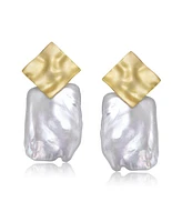 Genevive Sterling Silver 14K Gold Plated with Genuine Freshwater Pearl Drop Square Earrings