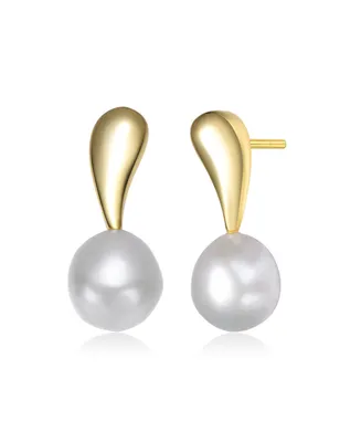 Genevive Sterling Silver 14K Gold Plated with Genuine Freshwater Round Pearl Stud Earrings