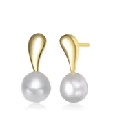 Genevive Sterling Silver 14K Gold Plated with Genuine Freshwater Round Pearl Stud Earrings