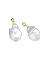 Genevive Elegant Sterling Silver 14K Gold Plating and Genuine Freshwater Pearl Dangling Earrings