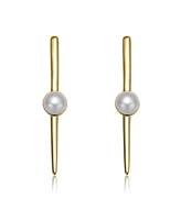 Genevive Sterling Silver 14K Gold Plated with Genuine Freshwater Pearl and Bar Drop Earrings