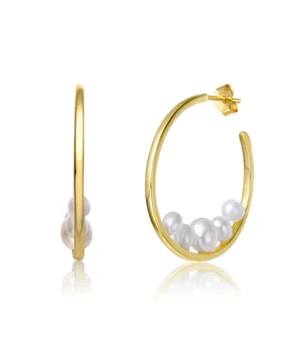 Genevive Sterling Silver 14k Yellow Gold Plated with White Freshwater Pearl Cluster 3/4 C-Hoop Earrings