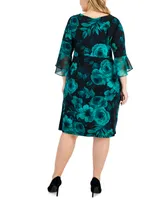 Connected Plus Side-Ruched Ruffled-Sleeve Dress