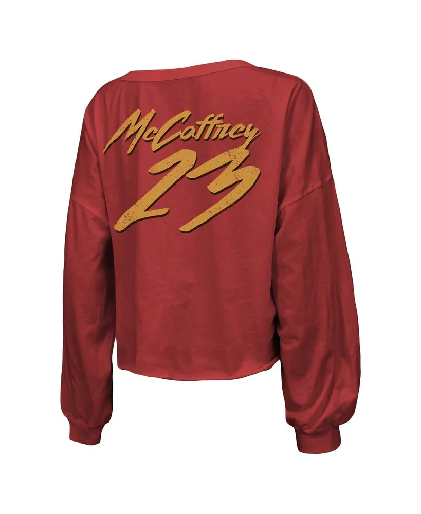 Majestic Women's Majestic Threads Christian McCaffrey Scarlet San Francisco  49ers Name and Number Off-Shoulder Script Cropped Long Sleeve V-Neck T-shirt