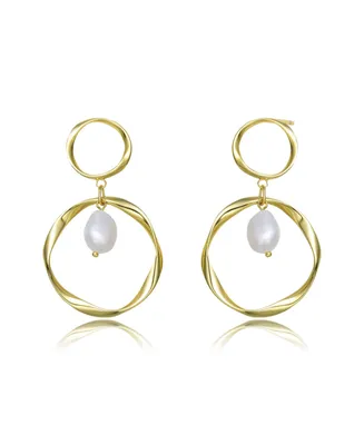 Genevive Classy Sterling Silver 14K Gold Plating and Genuine Freshwater Pearl DanglingEarrings