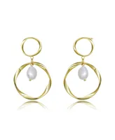 Genevive Classy Sterling Silver 14K Gold Plating and Genuine Freshwater Pearl DanglingEarrings