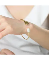 Genevive Classy Sterling Silver with 14K Gold Plating and Genuine Freshwater Pearl Cuff Bracelet