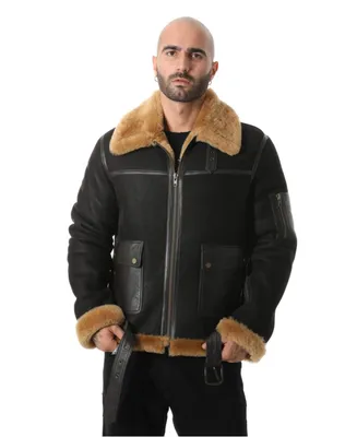 Furniq Uk Big & Tall Shearling Belted Pilot Jacket, Washed Brown with Ginger Wool