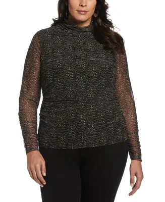 Ella Rafaella Plus Size Printed Ruched Mesh Mock Neck Long Sleeve Top