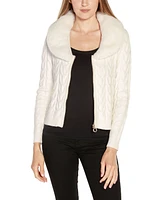 Belldini Black Label Women's Faux Fur Collared Cable Cardigan Sweater