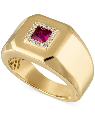 Esquire Men's Jewelry Lab-Created Ruby (1/2 ct. t.w.) & Diamond (1/10 ct. t.w.) Halo Ring in Gold-plated Sterling Silver, Created for Macy's
