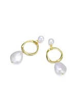 Genevive Elegant Sterling Silver 14K Gold Plating and Genuine Freshwater Pearl Hoop Earrings