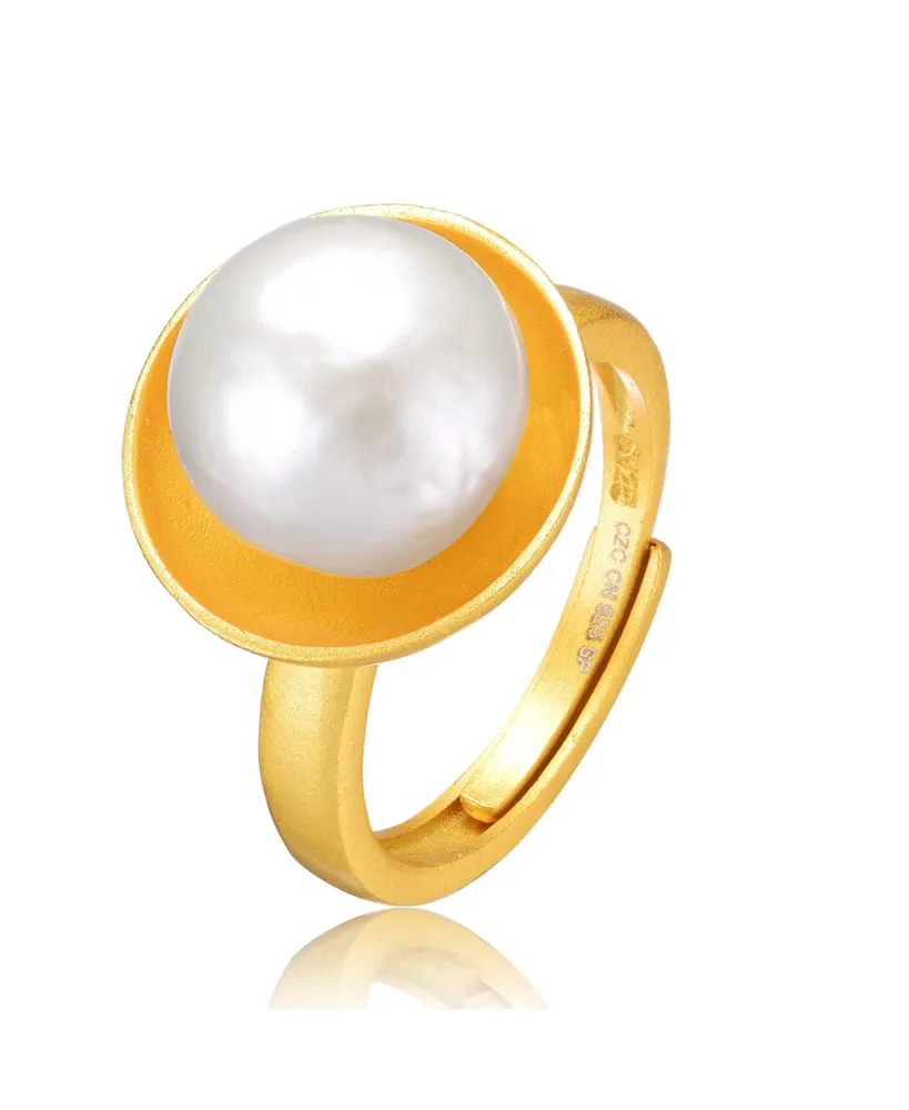 Sterling Silver 14K Gold Plated with Genuine Freshwater Pearl Adjustable Ring