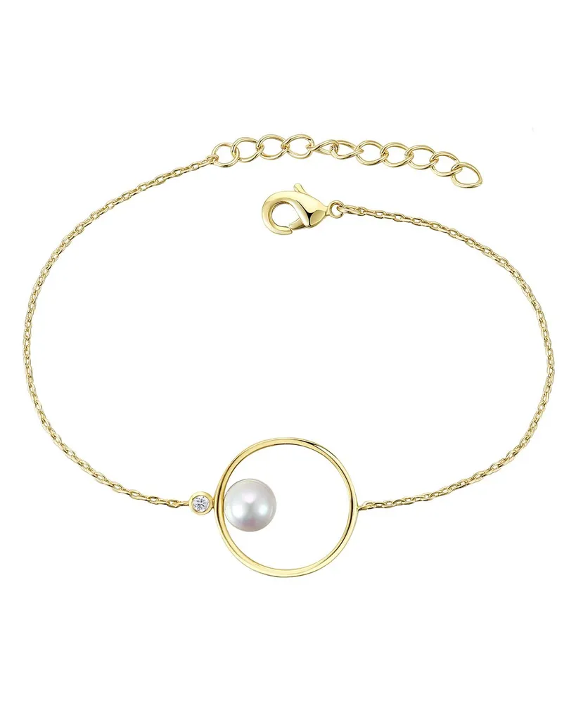 14k Gold Plated with White Genuine Freshwater Pearl Solitaire Asymmetrical Wire Halo Delicate Bracelet