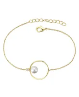 14k Gold Plated with White Genuine Freshwater Pearl Solitaire Asymmetrical Wire Halo Delicate Bracelet