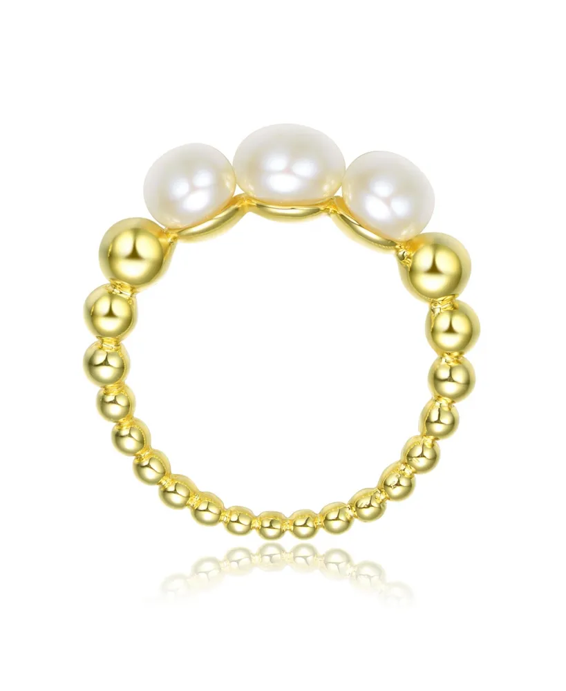 Genevive Sterling Silver 14K Gold Plated and 4.5MM 3 Fresh Water Pearls Ring