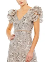 Women's Embellished Ruffled Cap Sleeve A Line Dress