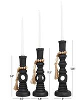 Wood Handmade Textured Matte Candle Holder with Beaded Garland Accent 14", 12" and 10" H, Set of 3