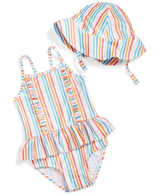 First Impressions Baby Girls Striped One Piece Swimsuit and Hat, 2 Set, Upf 50, Created for Macy's