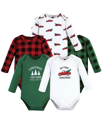 Hudson Baby Boys Unisex Cotton Long-Sleeve Bodysuits, Christmas Tree, 5-Pack